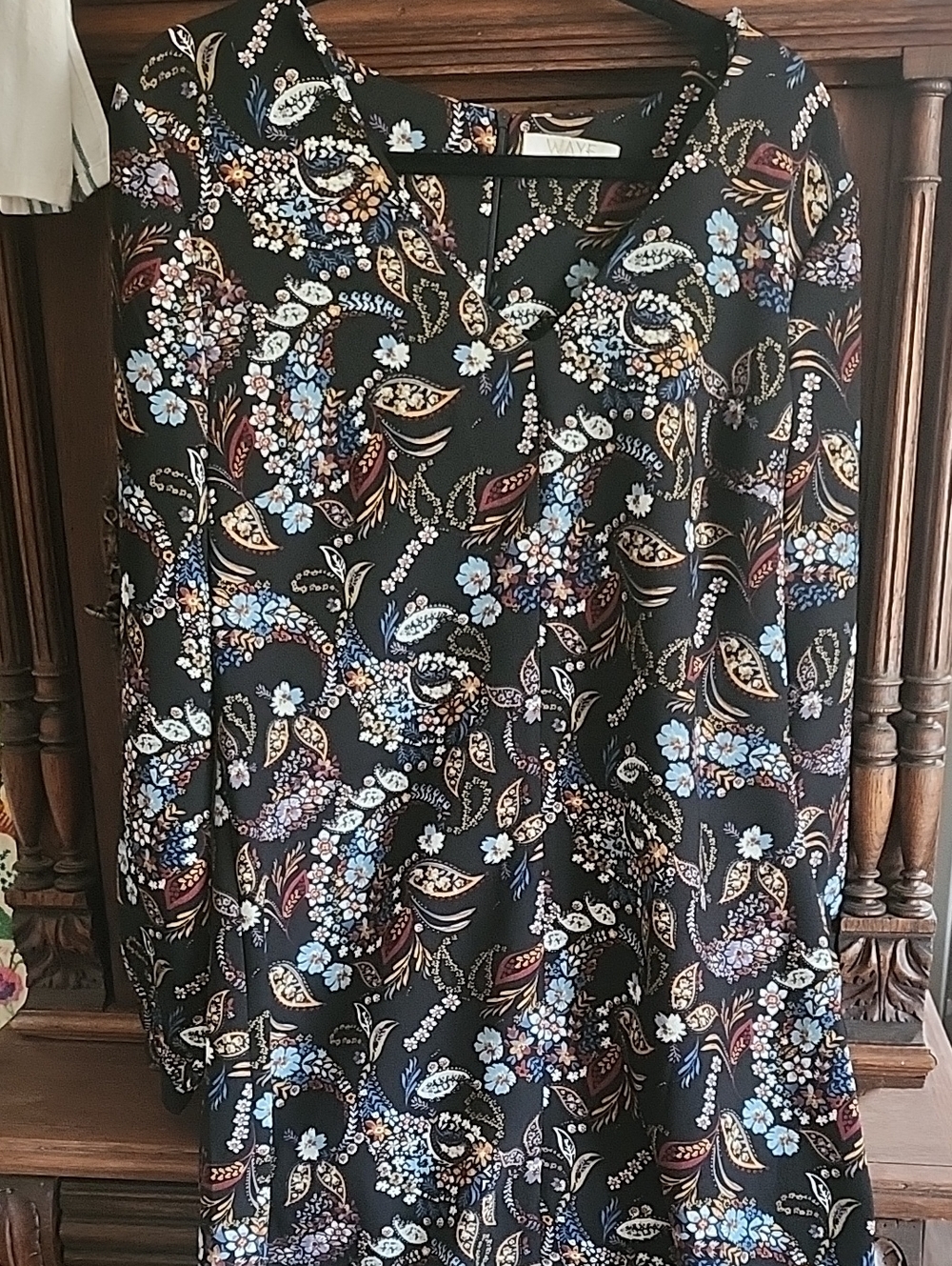 Wayf Black Midi Skirt with Blue and Cream Floral Paisley Print